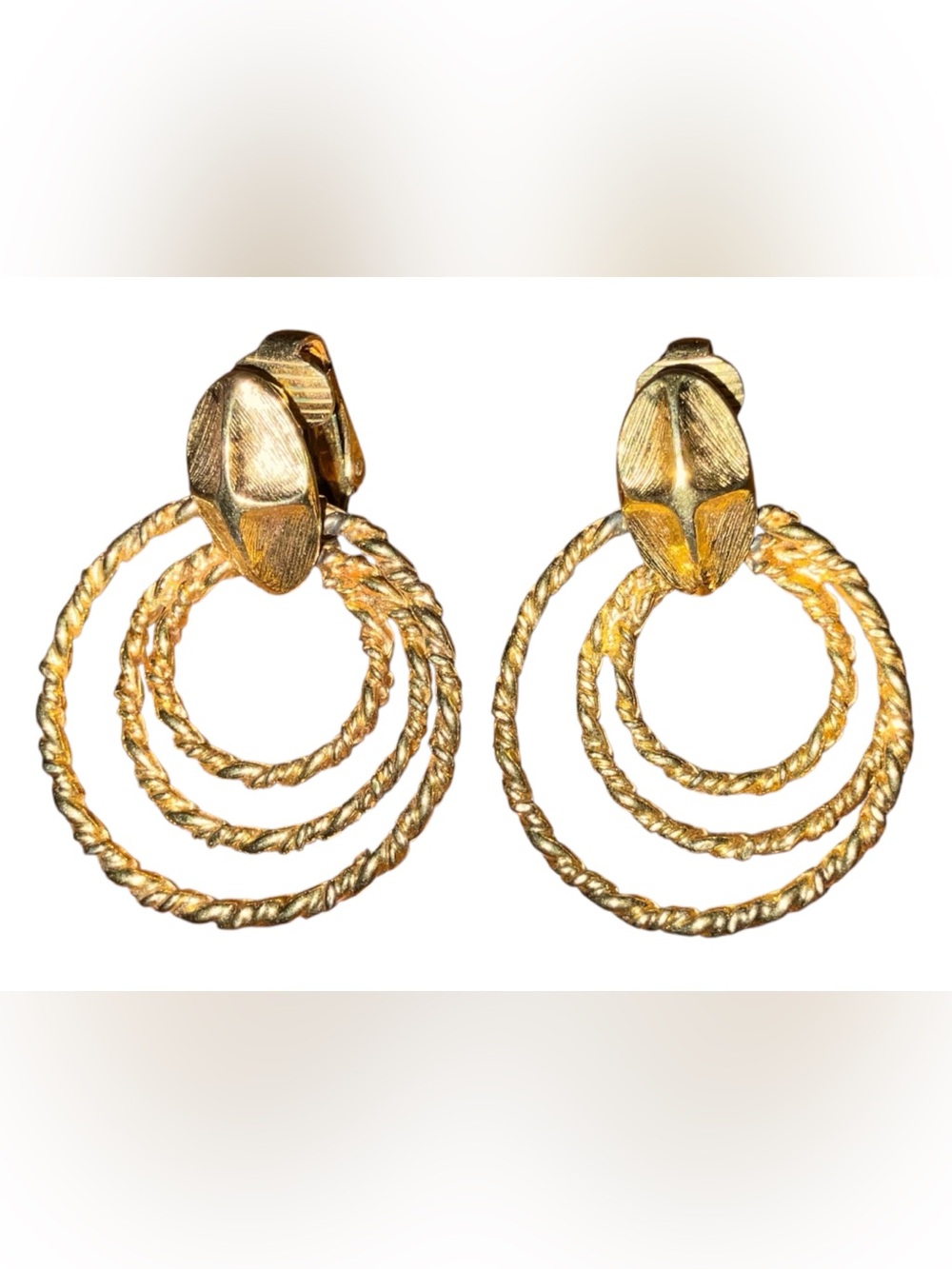 Vintage Gold Tone Triple Twisted Hoop Clip On Earrings Retro Statement 1980s